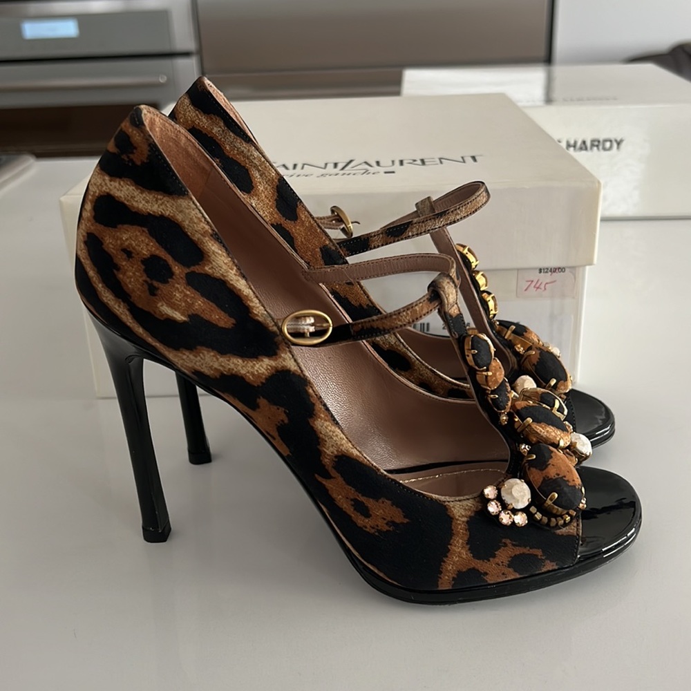 YSL / Yves Saint Laurent Cabaret T-Strap Leopard Heel Size 37.5 - Worn Once!